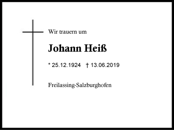 Traueranzeige von Johann Heiß von Region Berchtesgadener Land