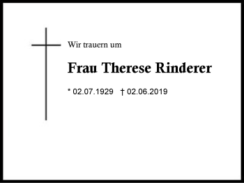 Traueranzeige von Therese Rinderer von Region Berchtesgadener Land