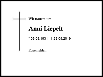 Traueranzeige von Anni  Liepelt von Region Berchtesgadener Land