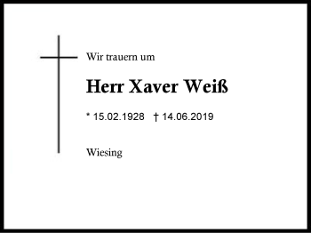 Traueranzeige von Xaver Weiß von Region Berchtesgadener Land