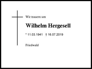 Traueranzeige von Wilhelm  Hergesell von Region Berchtesgadener Land