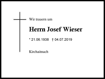 Traueranzeige von Josef Wieser von Region Berchtesgadener Land