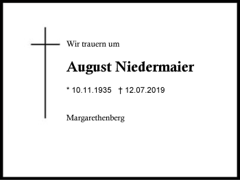 Traueranzeige von August  Niedermaier von Region Berchtesgadener Land