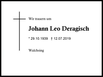 Traueranzeige von Johann Leo Deragisch von Region Berchtesgadener Land