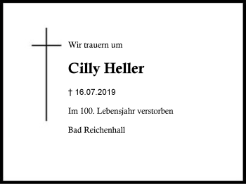 Traueranzeige von Cilly Heller von Region Berchtesgadener Land