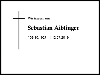 Traueranzeige von Sebastian Aiblinger von Region Berchtesgadener Land
