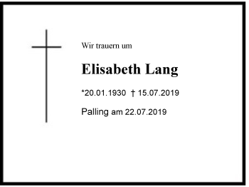 Traueranzeige von Elisabeth Lang von Region Chiemgau