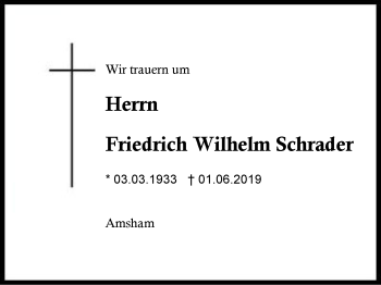 Traueranzeige von Friedrich Wilhelm Schrader von Region Berchtesgadener Land