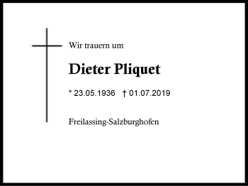 Traueranzeige von Dieter Pliquet von Region Berchtesgadener Land