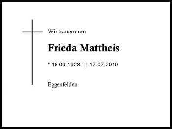 Traueranzeige von Frieda Mattheis von Region Berchtesgadener Land