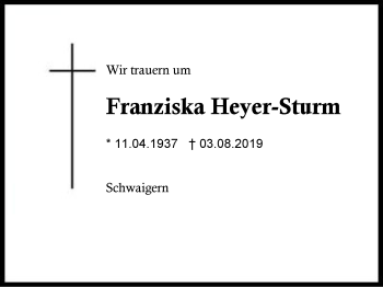 Traueranzeige von Franziska Heyer-Sturm von Region Berchtesgadener Land
