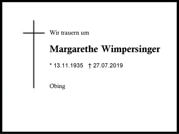 Traueranzeige von Margarethe Wimpersinger von Region Berchtesgadener Land