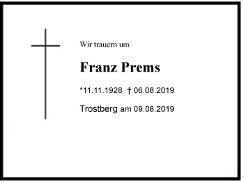 Traueranzeige von Franz Prems von Region Chiemgau