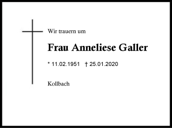 Traueranzeige von Anneliese Galler von Region Berchtesgadener Land