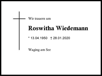 Traueranzeige von Roswitha  Wiedemann von Region Berchtesgadener Land