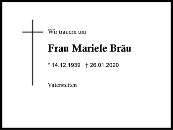 Traueranzeige von Mariele  Bräu von Region Berchtesgadener Land