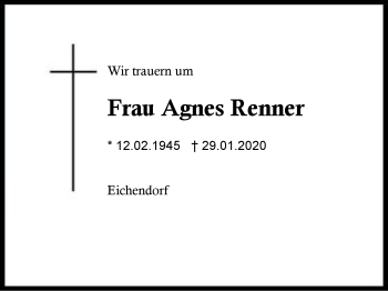 Traueranzeige von Agnes  Renner von Region Berchtesgadener Land