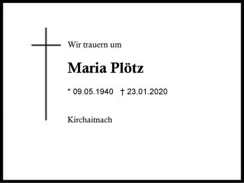 Traueranzeige von Maria Plötz von Region Berchtesgadener Land