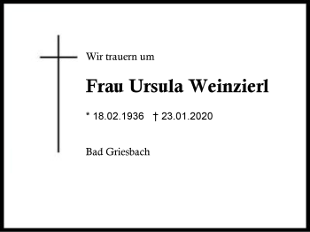 Traueranzeige von Ursula Weinzierl von Region Berchtesgadener Land