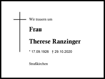 Traueranzeige von Therese Ranzinger von Region Berchtesgadener Land