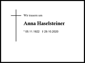 Traueranzeige von Anna Haselsteiner von Region Berchtesgadener Land