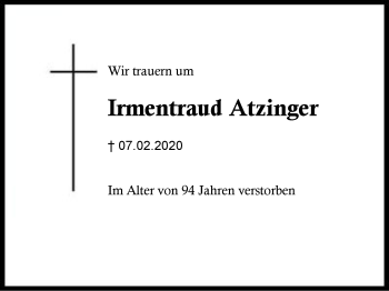 Traueranzeige von Irmentraud  Atzinger von Region Berchtesgadener Land