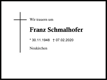 Traueranzeige von Franz  Schmalhofer von Region Berchtesgadener Land