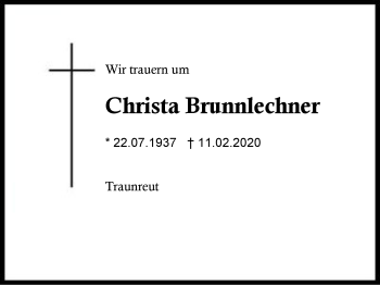 Traueranzeige von Christa  Brunnlechner von Region Berchtesgadener Land