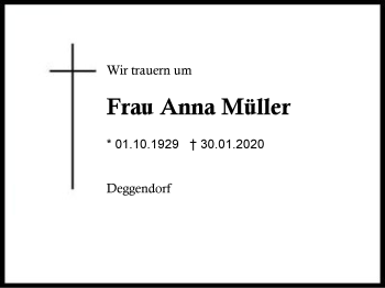 Traueranzeige von Anna  Müller von Region Berchtesgadener Land