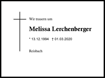 Traueranzeige von Melissa  Lerchenberger von Region Berchtesgadener Land