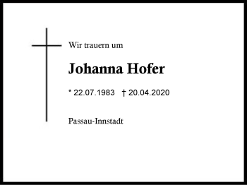 Traueranzeige von Johanna Hofer von Region Berchtesgadener Land