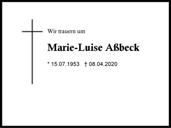 Traueranzeige von Marie-Luise Aßbeck von Region Berchtesgadener Land