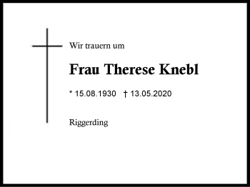 Traueranzeige von Therese Knebl von Region Berchtesgadener Land