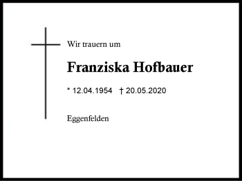 Traueranzeige von Franziska Hofbauer von Region Berchtesgadener Land
