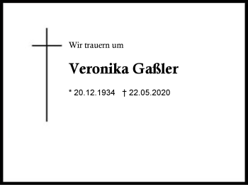 Traueranzeige von Veronika  Gaßler von Region Berchtesgadener Land