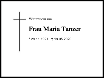 Traueranzeige von Maria  Tanzer von Region Berchtesgadener Land