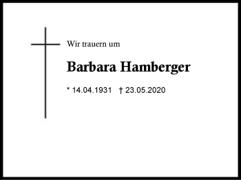 Traueranzeige von Barbara  Hamberger von Region Berchtesgadener Land