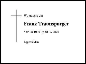 Traueranzeige von Franz Traunspurger von Region Berchtesgadener Land