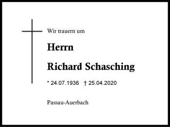 Traueranzeige von Richard  Schasching von Region Berchtesgadener Land