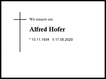 Traueranzeige von Alfred Hofer von Region Berchtesgadener Land