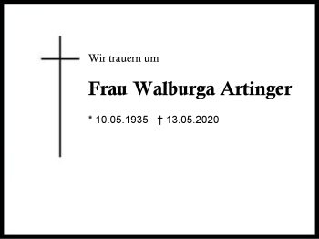 Traueranzeige von Walburga  Artinger von Region Berchtesgadener Land