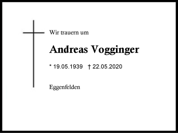 Traueranzeige von Andreas  Vogginger von Region Berchtesgadener Land