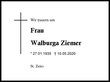 Traueranzeige von Walburga Ziemer von Region Berchtesgadener Land