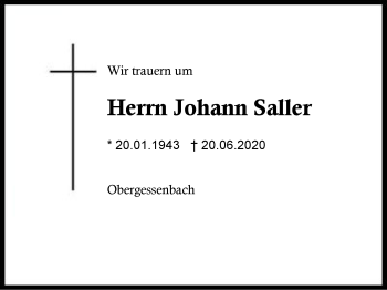Traueranzeige von Johann Saller von Region Berchtesgadener Land