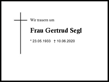 Traueranzeige von Gertrud Segl von Region Berchtesgadener Land