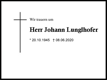 Traueranzeige von Johann Lunglhofer von Region Berchtesgadener Land