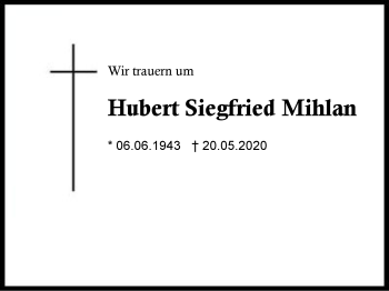 Traueranzeige von Hubert Siegfried Mihlan von Region Berchtesgadener Land