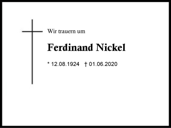Traueranzeige von Ferdinand Nickel von Region Berchtesgadener Land