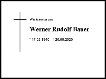 Traueranzeige von Werner Rudolf Bauer von Region Berchtesgadener Land