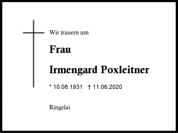 Traueranzeige von Irmengard Poxleitner von Region Berchtesgadener Land